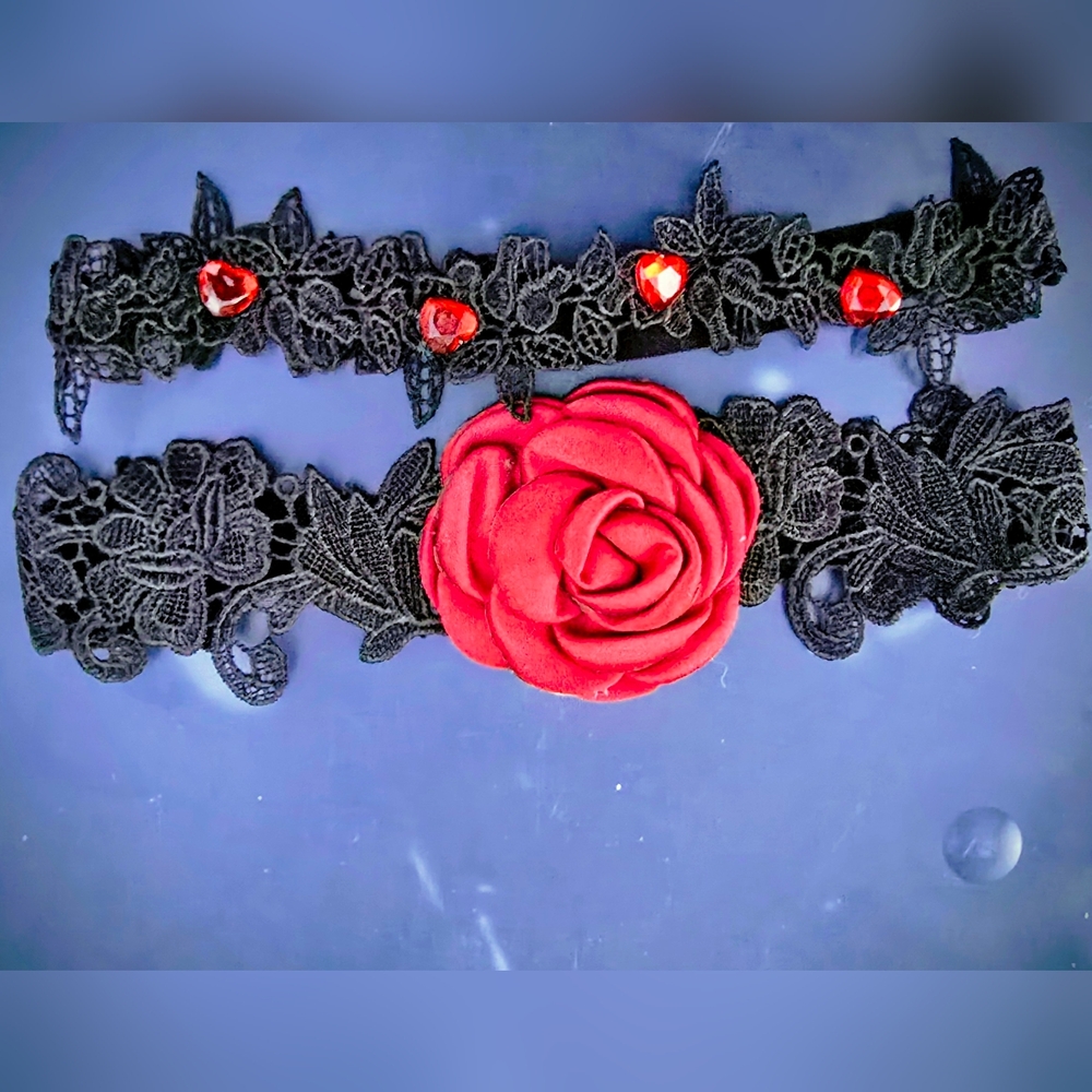 Romantic Black Floral Lace Garters - Red Rose & Heart Details